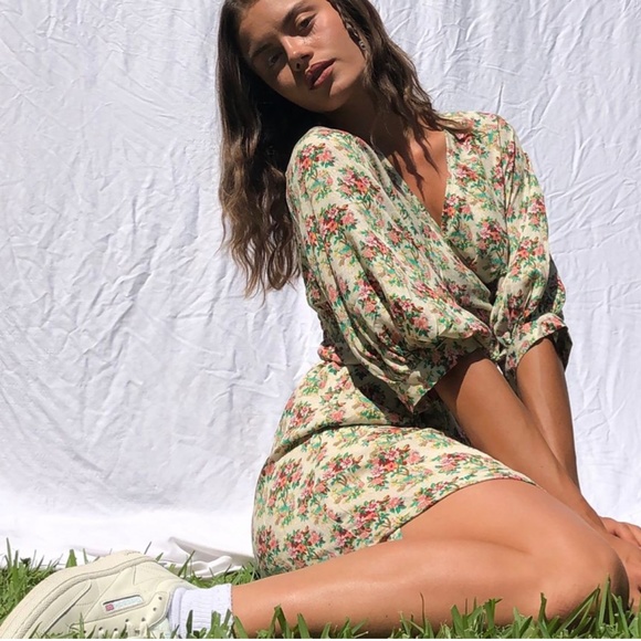 Joey Surplice Faux Wrap Core Floral Boho Peasant Hipster Hippie Farm Artsy Dress - Picture 4 of 5